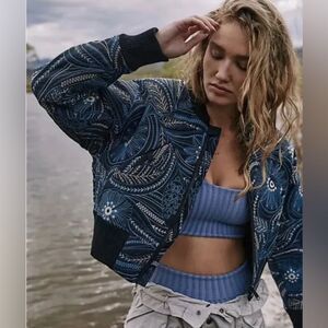 Free People Movement Garden Party Floral Embroidered Cropped Bomber Jacket XL